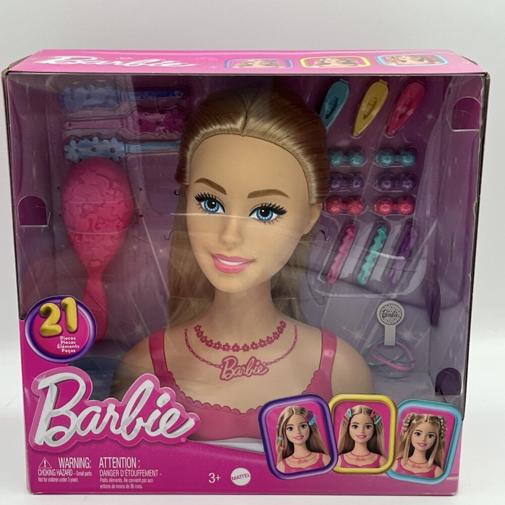 Barbie Doll Styling Head‎ blonde Hair w/21 Colorful Accessories Doll Head Mattel